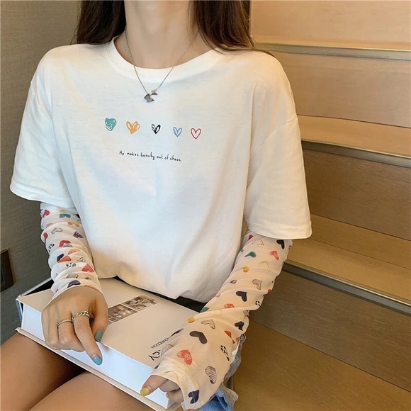 Shirt tshirt heart white top women’s cute long sl - Picture 3 of 8